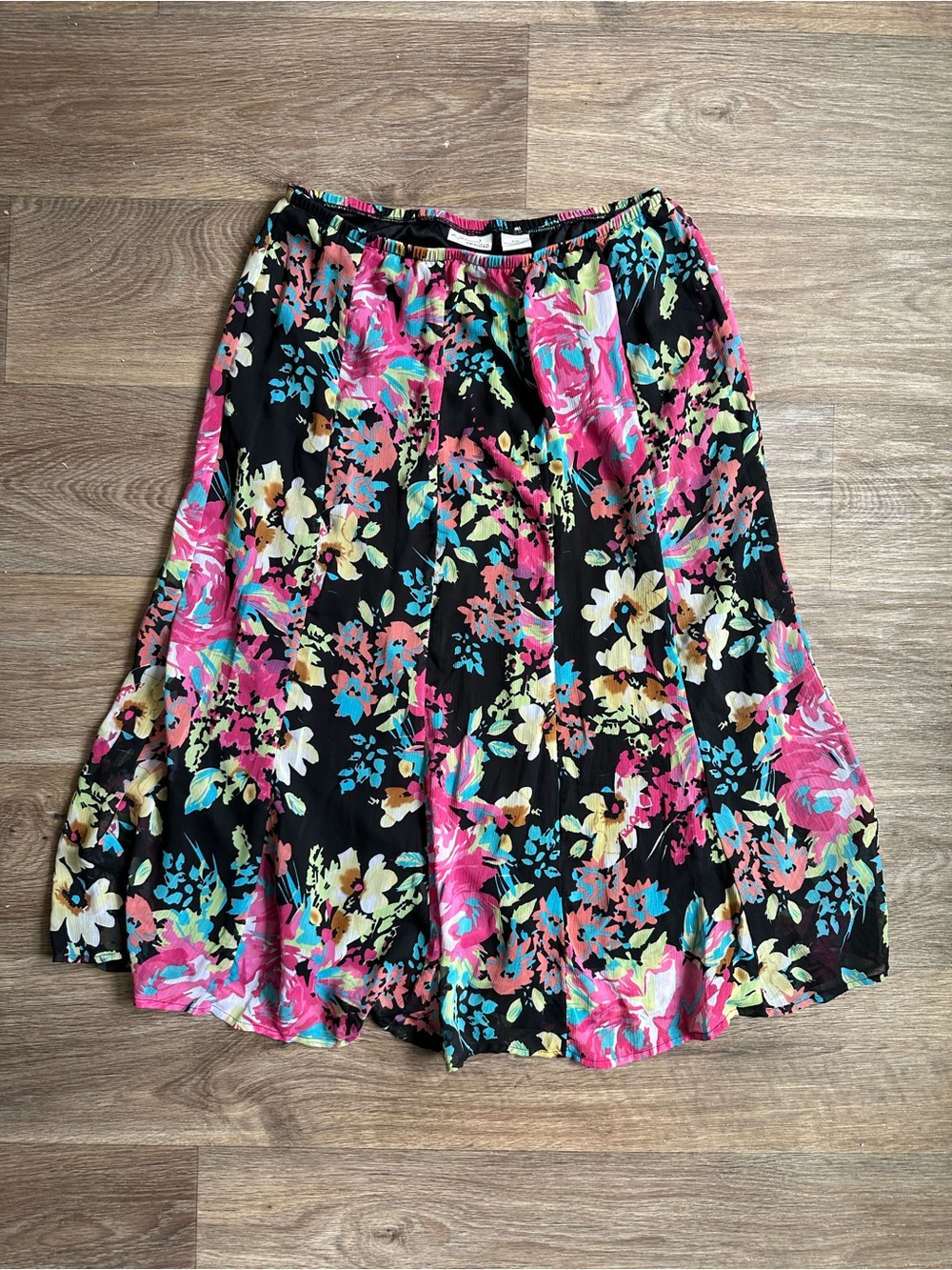 Kim Rogers Floral Midi Skirt Size PM Petite Medium Black Pink Turquoise Flowy